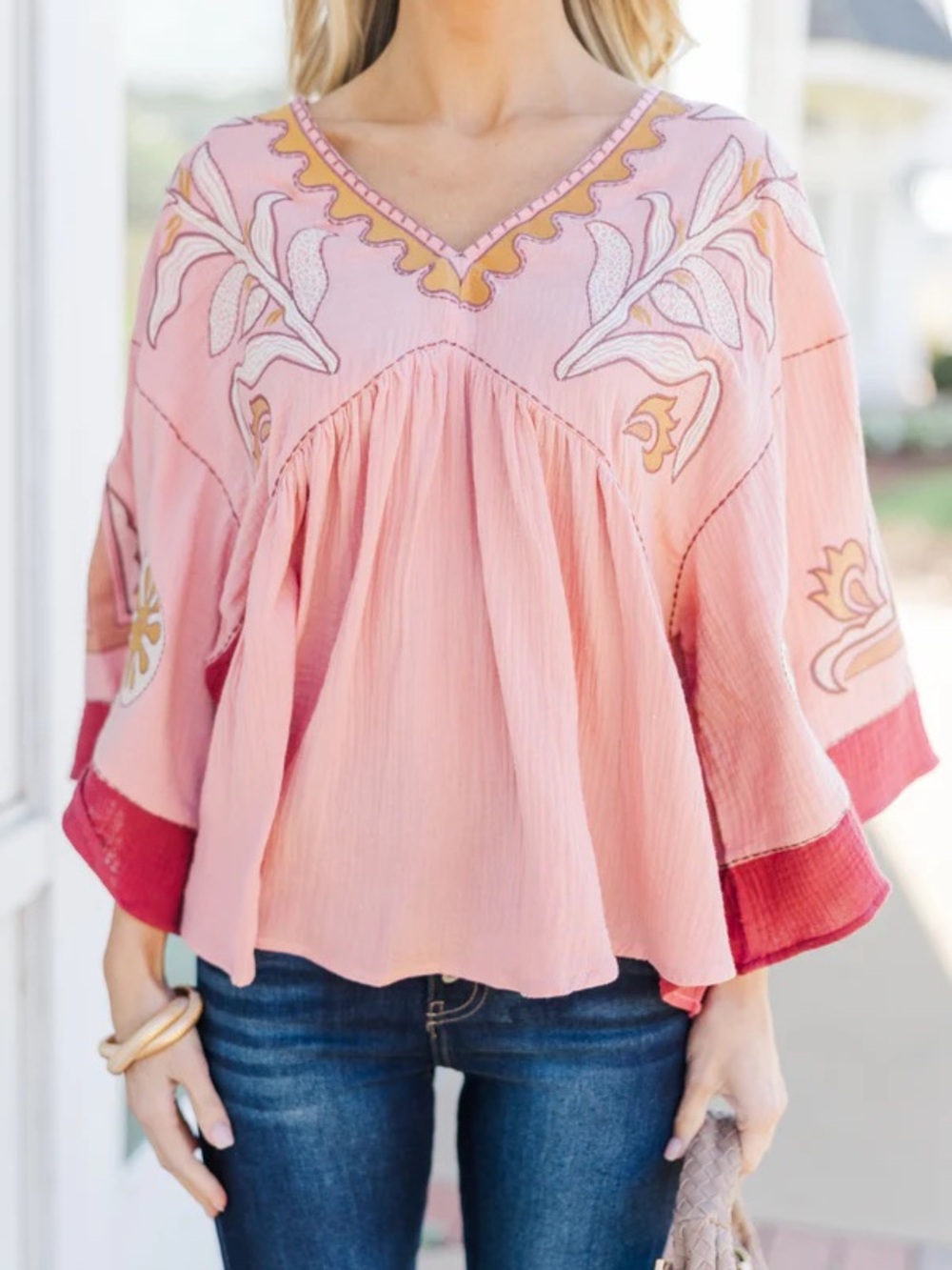 Easel Los Angeles Boho Embroidered Gauze Top Medium Pink